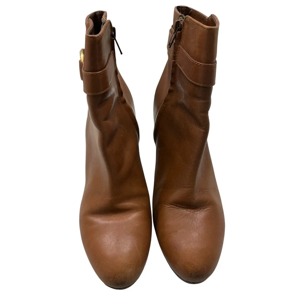 Lauren Ralph Lauren Tan Leather Ankle Boots Womens Size 9 Stirrup Buckle Heel - Picture 8 of 15